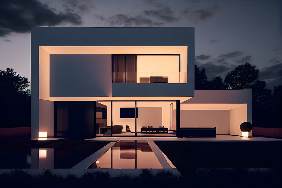 Modern cozy house with pool and parking for sale or rent in luxurious style. Clear summer night with cozy light from a window. AI Generative